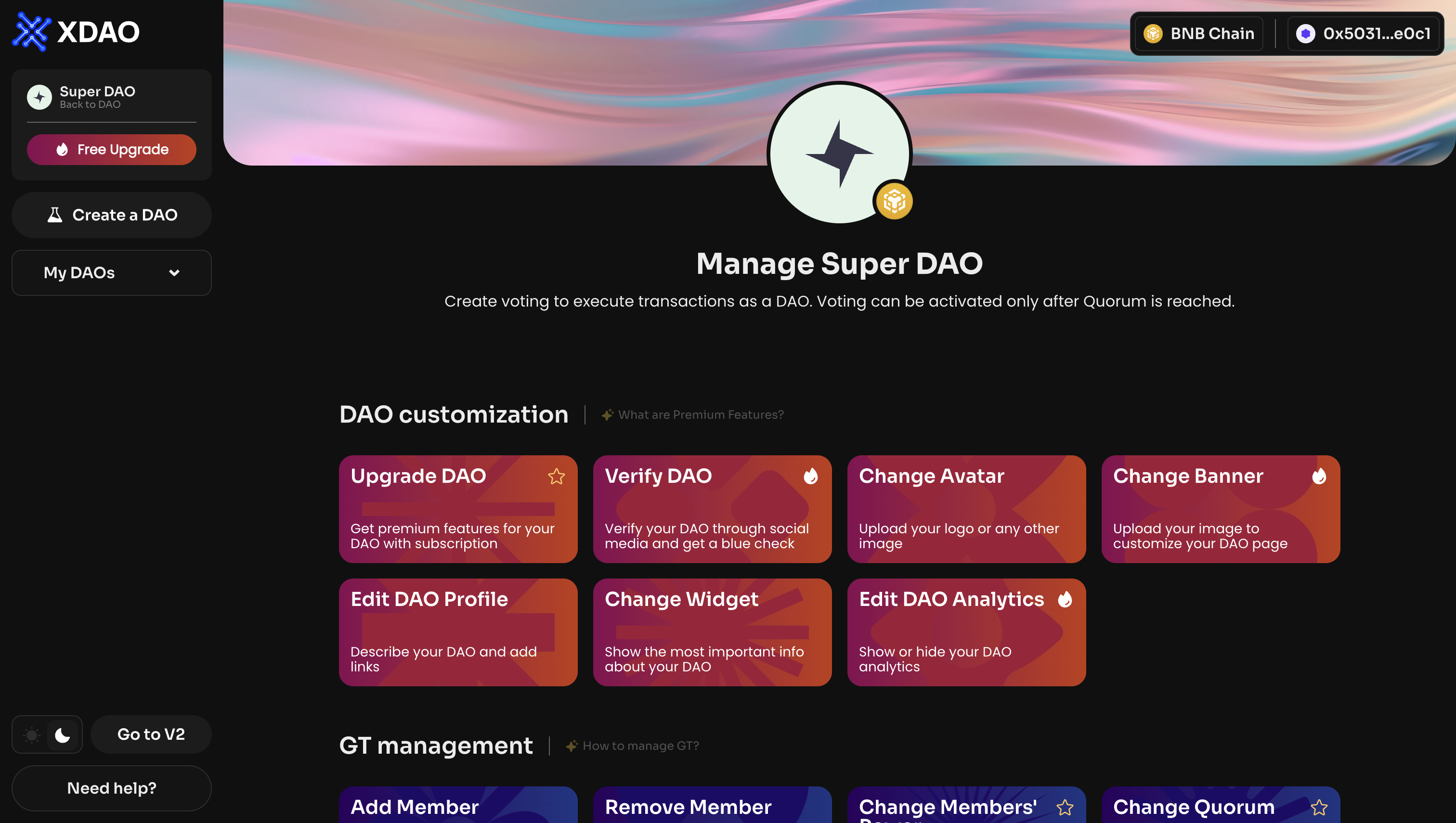 Click Change Avatar on the Manage page of your DAO