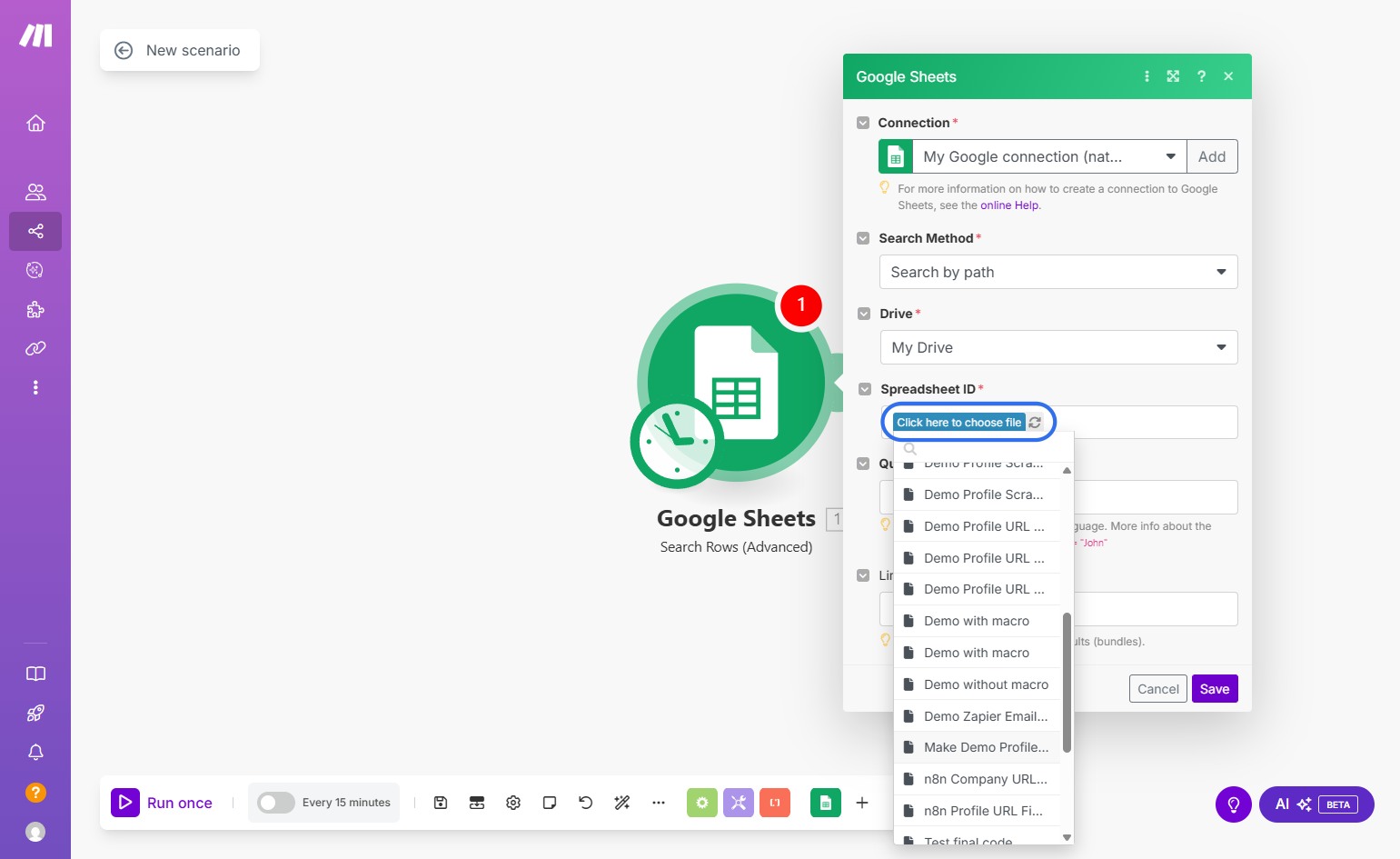 Click on "Click here to choose file" and select your Google Sheet document.