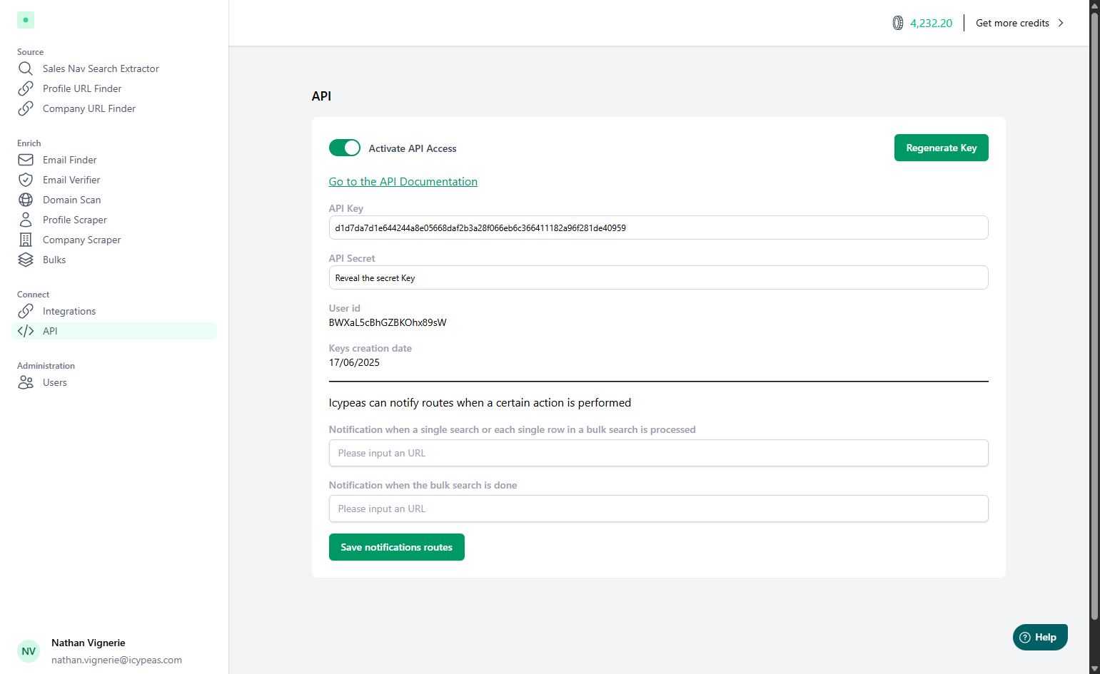 Go to Icypeas.com, sign up or log in, and navigate to the API tab.