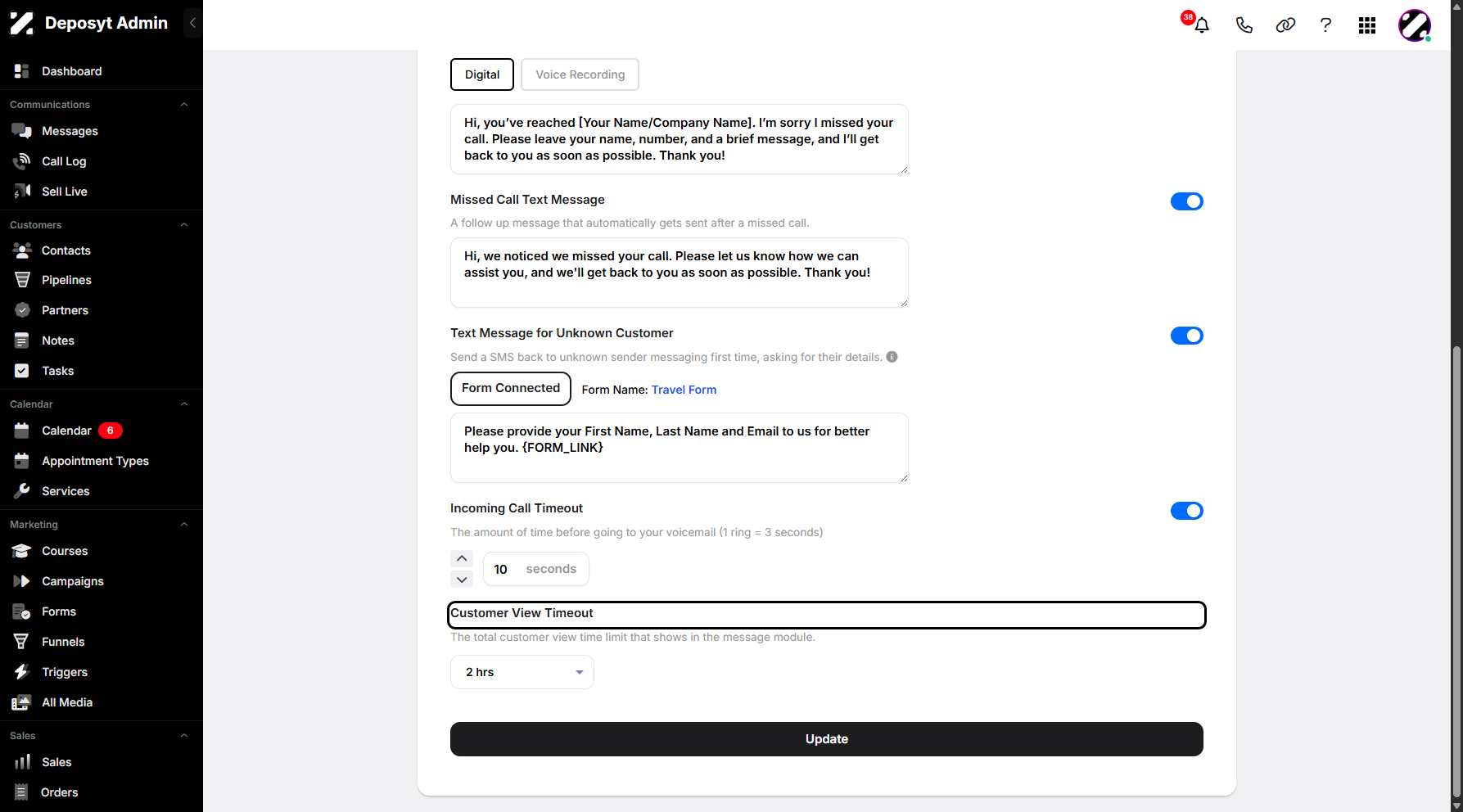 Step 9: Lastly, the customer view timeout. This is the total time limit for viewing a customer in the message module. You can select a duration from 2 hours up to 12 hours.