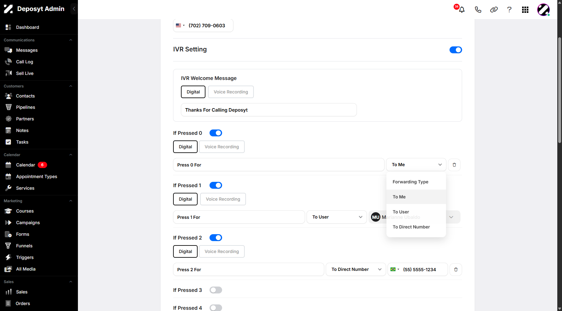 Step 6: You can toggle the IVR setting switch on to enable it. You can then manage the pressed key action based on your preference.