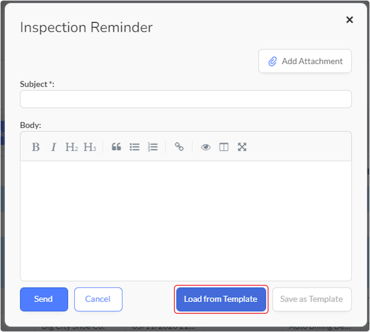 To send the Inspection Reminder email from a template, click on Load from Template.