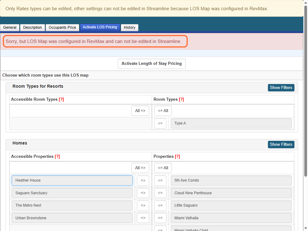 Only Rate Types can be configured within Streamline. All other configurations, including LOS maps and unit assignments, must be managed in the RevMax system