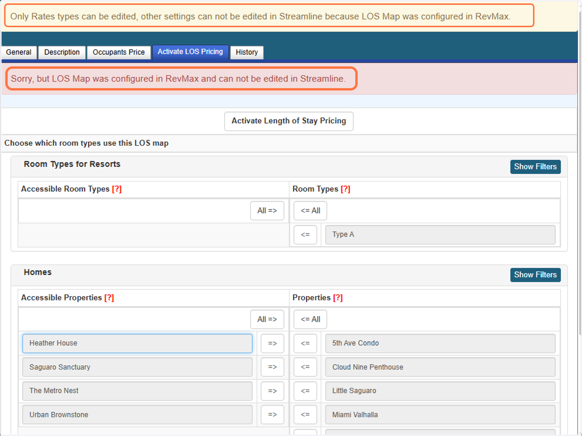 Only Rate Types can be configured within Streamline. All other configurations, including LOS maps and unit assignments, must be managed in the RevMax system