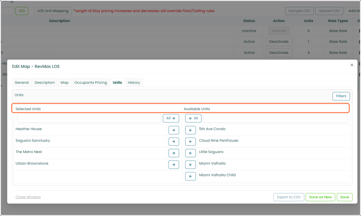 On the Units tab, select the unit(s) you want to apply LOS pricing to.