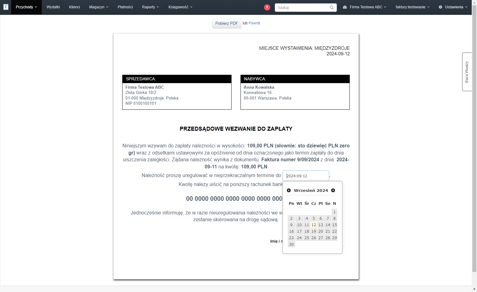 Za pomocą przycisku 'Pobierz PDF' pobierz dokument na dysk swojego urządzenia. Nie ma możliwości, by wygenerowane wezwanie przesłać bezpośrednio z systemu. Pamiętaj również, że wezwanie nie zapisuje się na koncie.