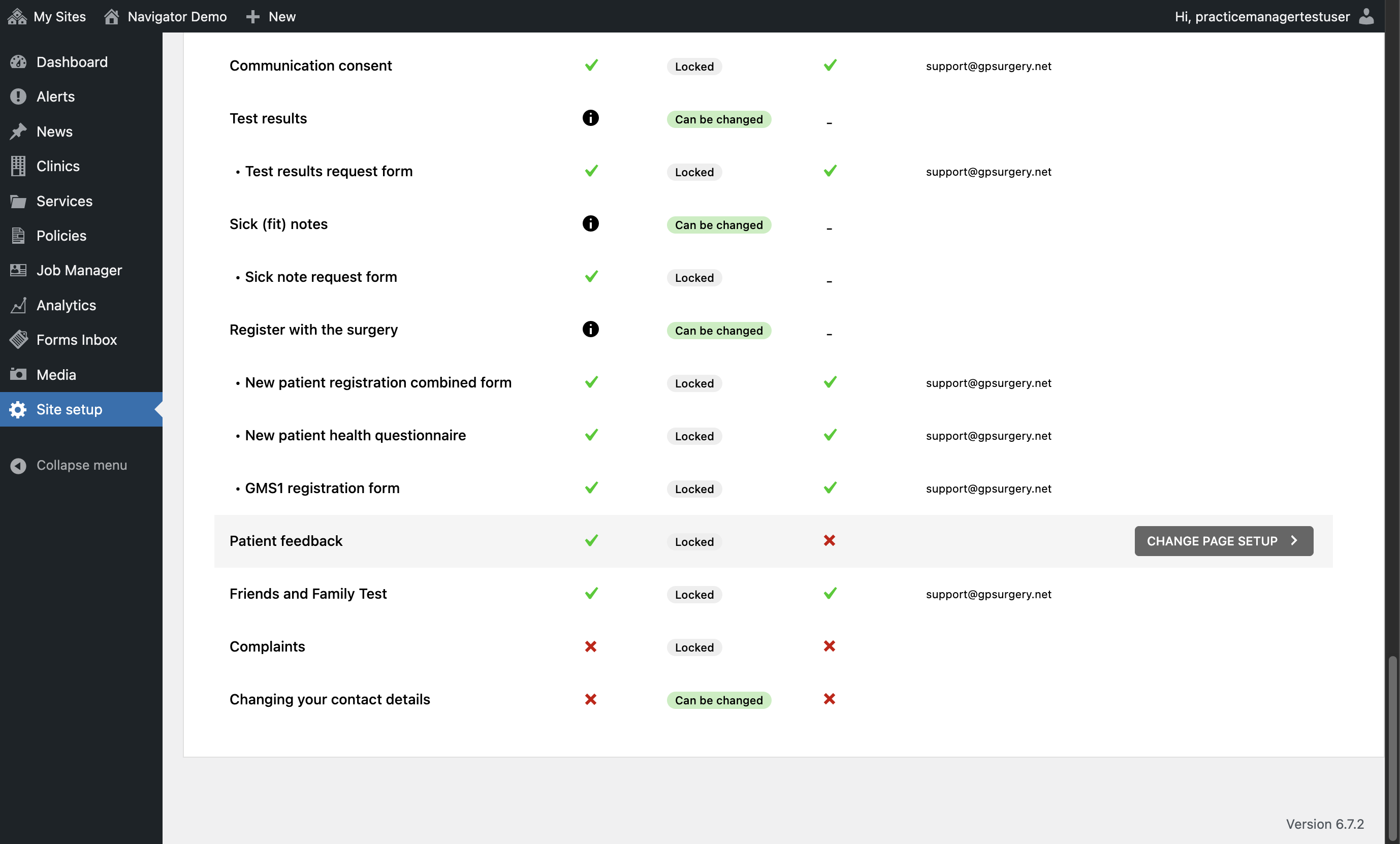The Patient feedback page name in Site Setup, with the Change page setup button selected.