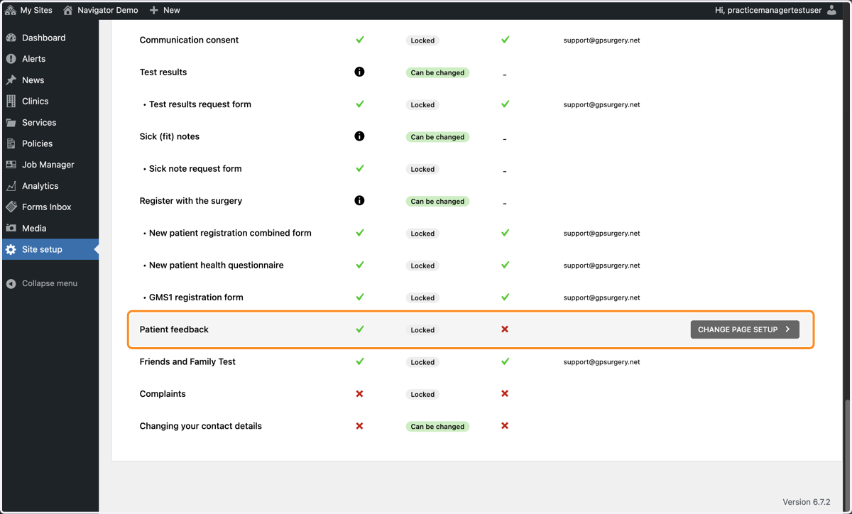The Patient feedback page name in Site Setup, with the Change page setup button selected.
