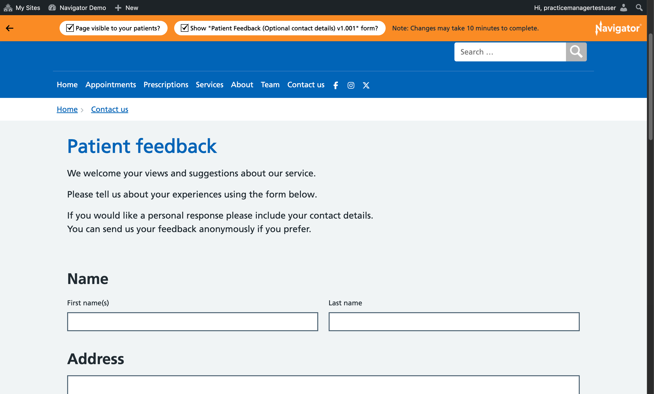 The Patient feedback page with the Show patient feedback box ticked, and the form visible on the page.