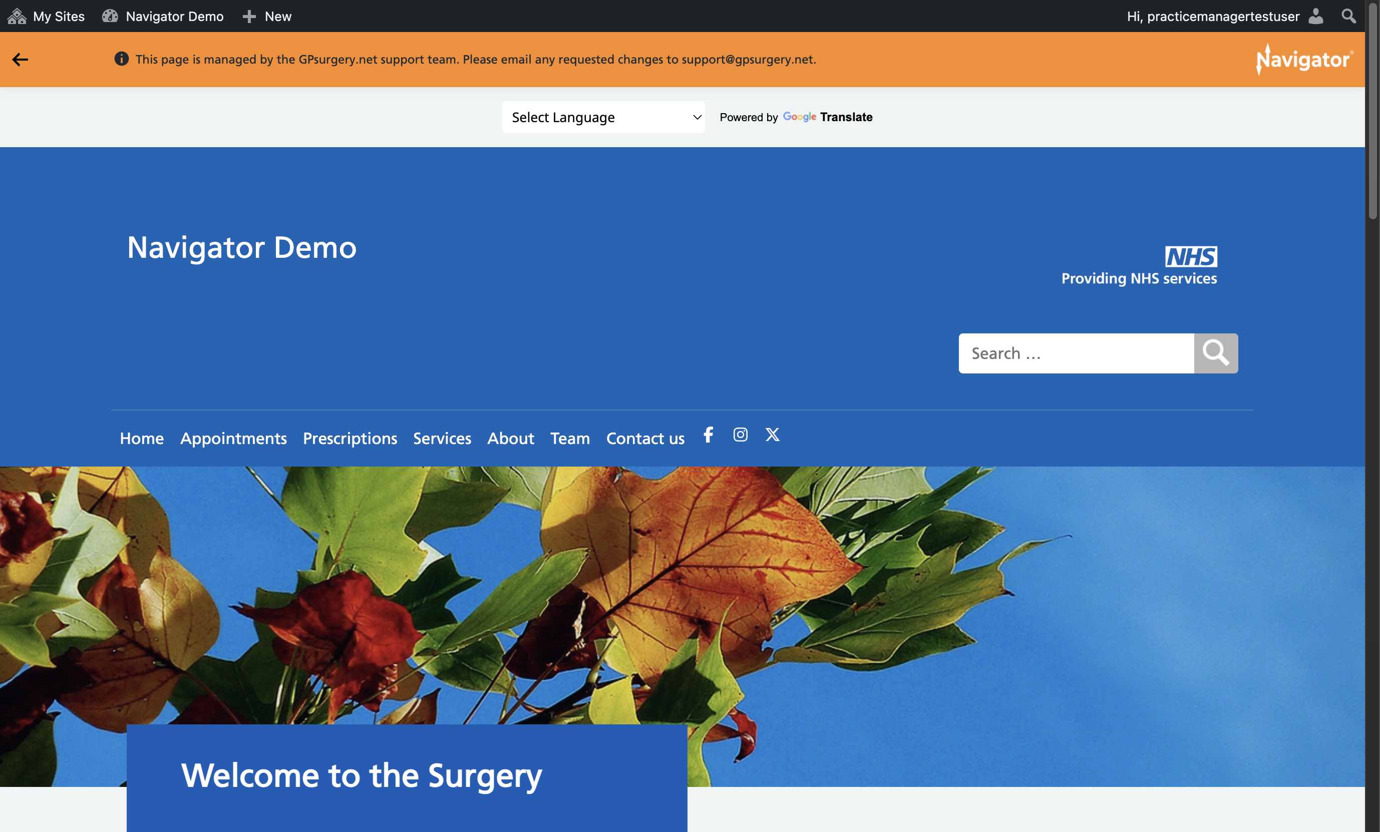 The homepage of a Navigator website with the admin toolbar and Navigator toolbar visible at the top of the screen