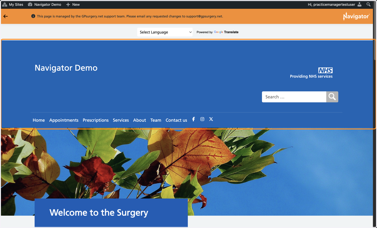 The homepage of a Navigator website with the admin toolbar and Navigator toolbar visible at the top of the screen