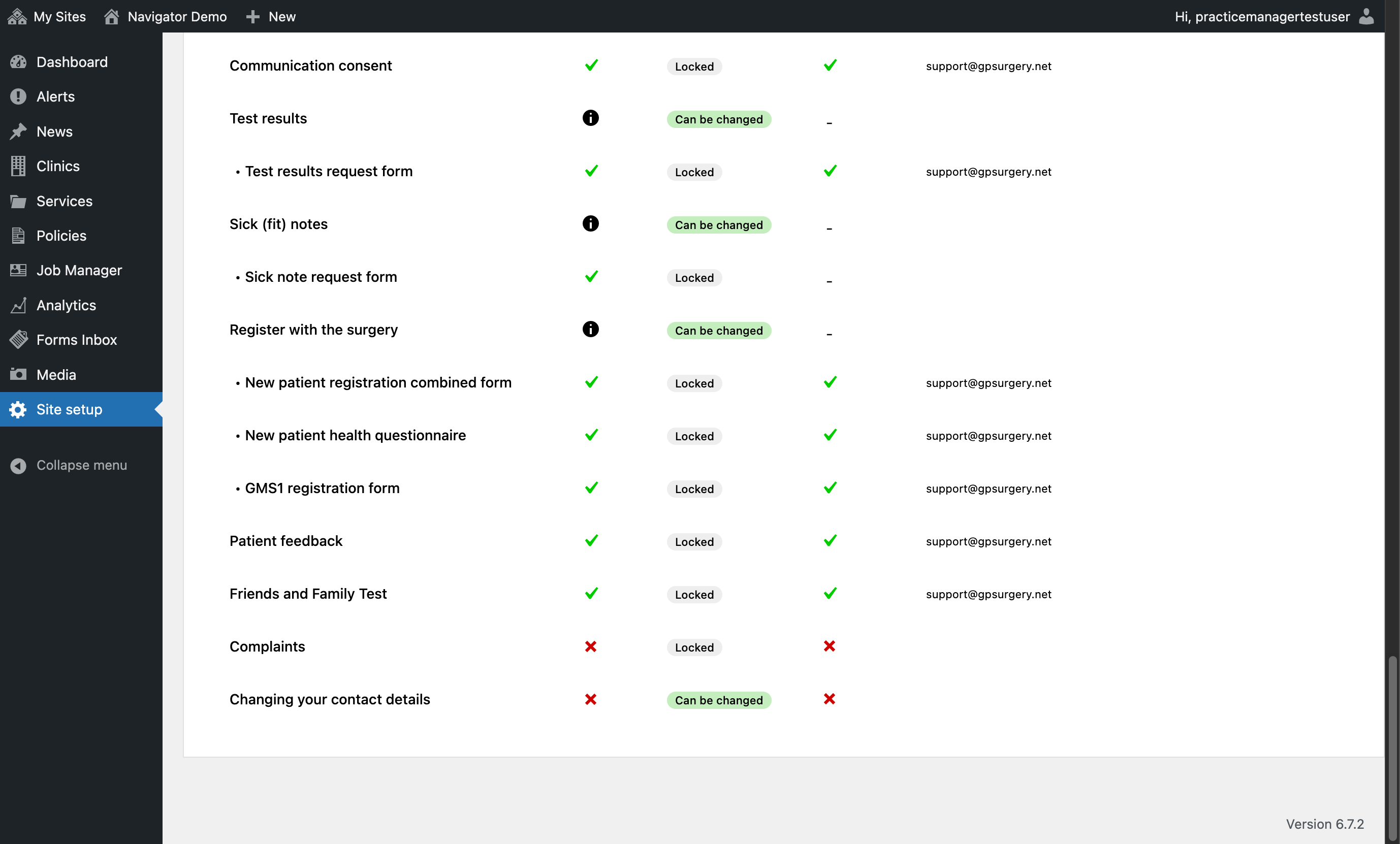 Site setup, with a green tick showing to indicate the form has been turned on.