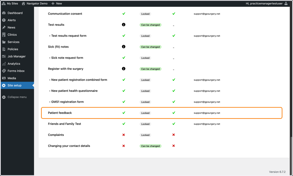 Site setup, with a green tick showing to indicate the form has been turned on.