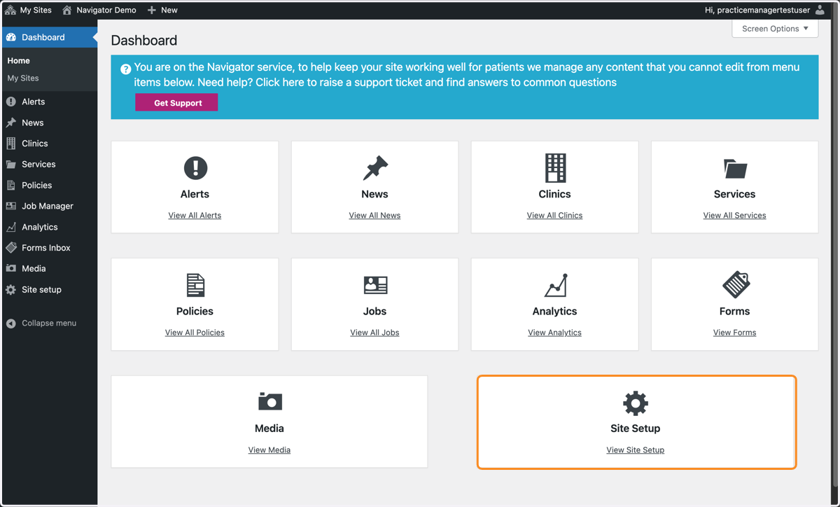 The Dashboard of a Navigator website, with Site Setup selected in the bottom right hand corner of the page.