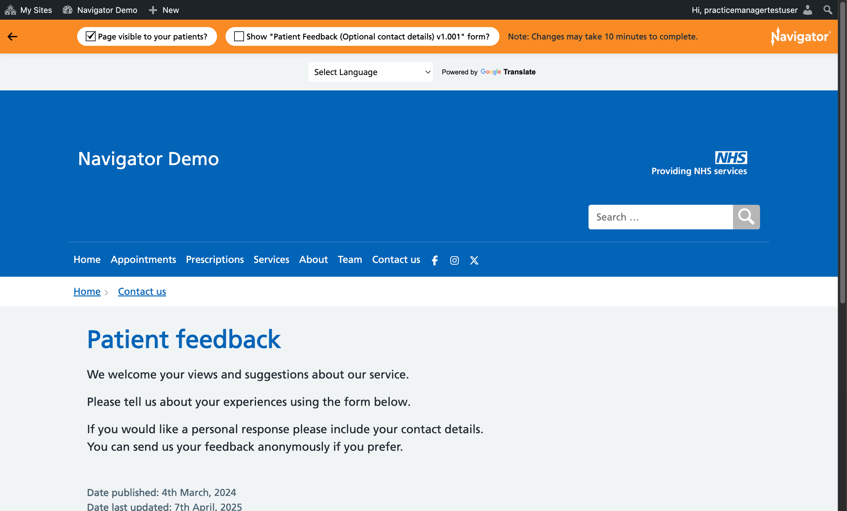 The Patient feedback page with no form visible.