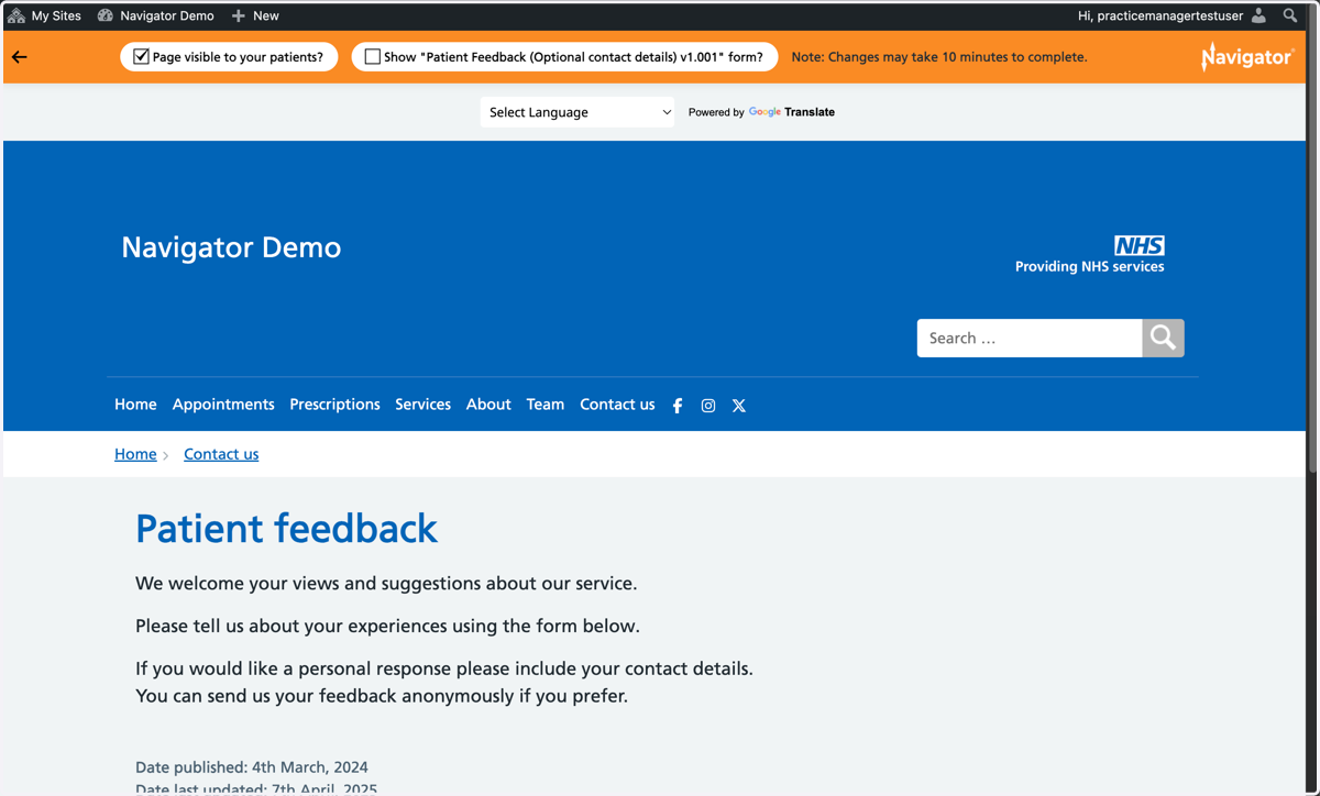 The Patient feedback page with no form visible.