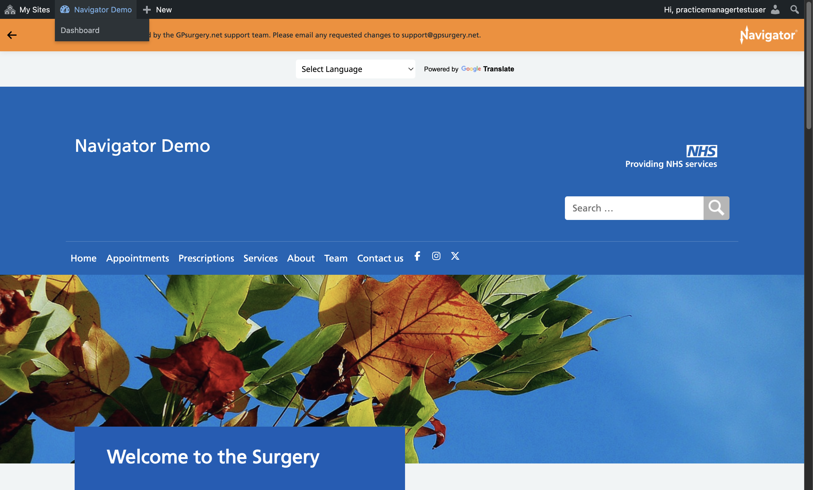 The practice name selected in the Admin Toolbar.