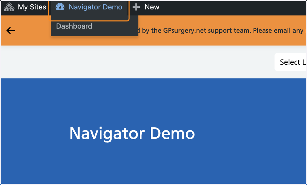 The practice name selected in the Admin Toolbar.