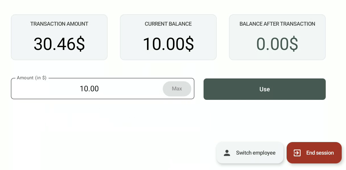 To deduct funds from a gift card, tap "Use". The amount will be automatically deducted from the card's balance.