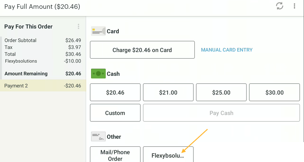 To process the payment using a gift card, go to the "Other" section then select "Flexybsolutions"