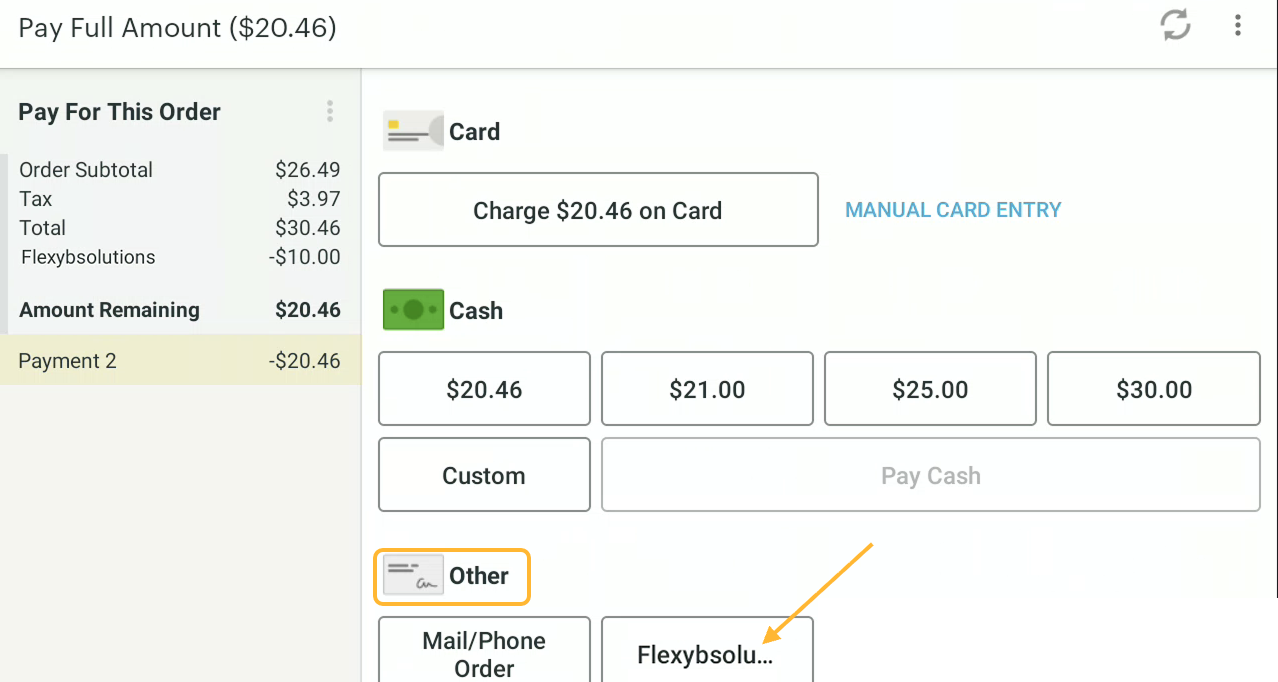 To process the payment using a gift card, go to the "Other" section then select "Flexybsolutions"