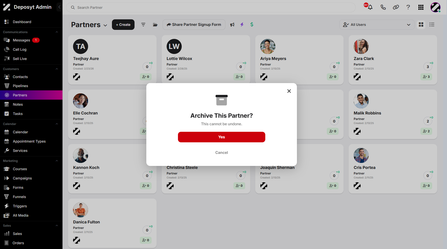 Step 6: A pop-up window will also appear when you click the ‘Archive’ option, warning you that this action cannot be undone once confirmed. All of these procedures and options also apply to the Partners List View.