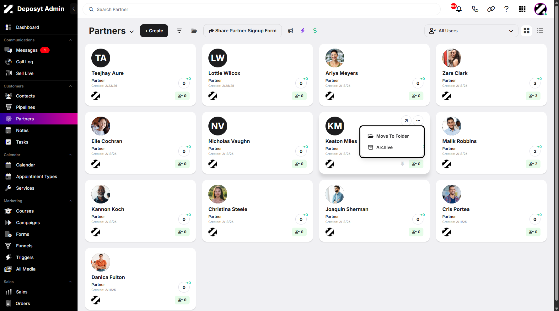 Step 3: Select a partner, then click the three-dot menu. A pop-up window will appear, allowing you to move the selected partner to a folder. You can also choose to archive the partner.