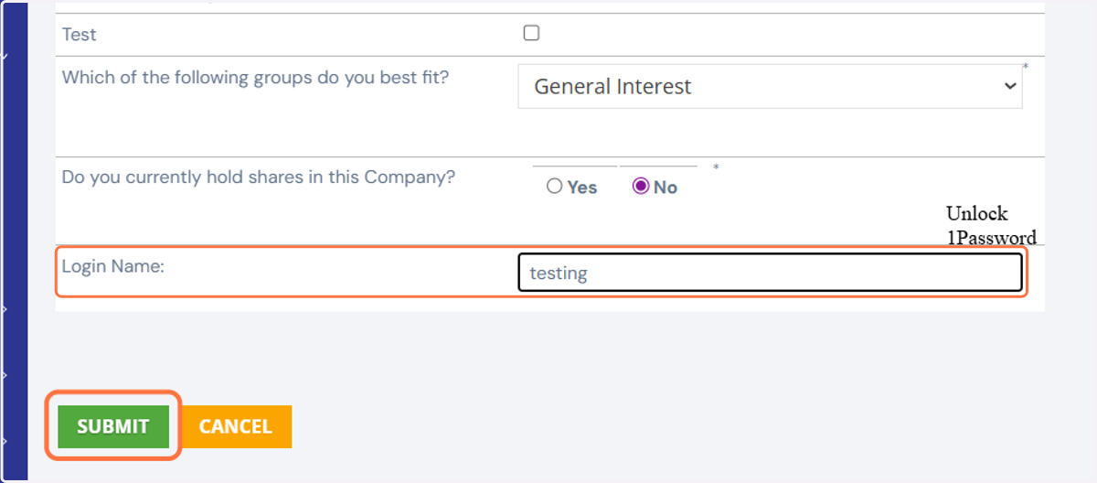 On the "Login Name" field at the bottom of the page, enter the login name of your choice. Then click "Submit" to save your changes.