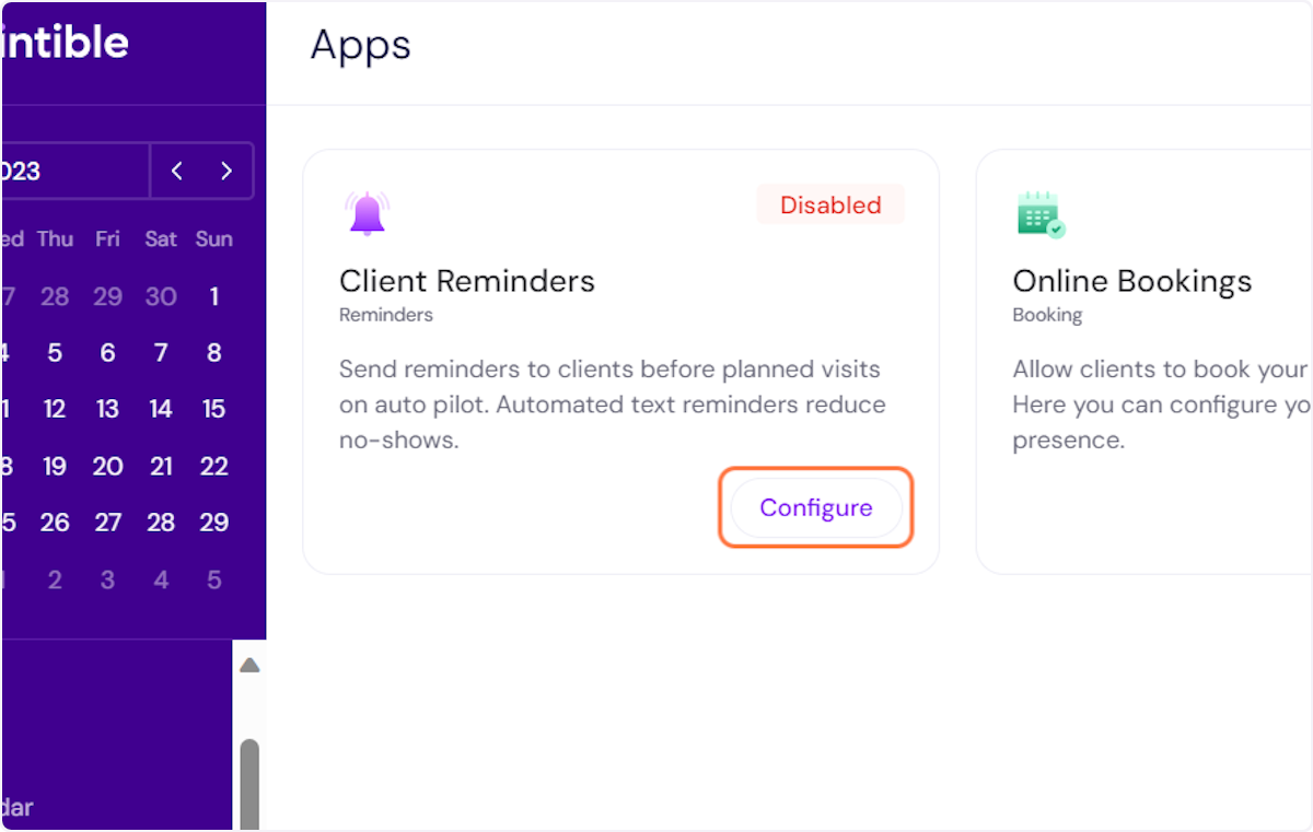 Find the "Client Reminders" app and click the 'Configure' button