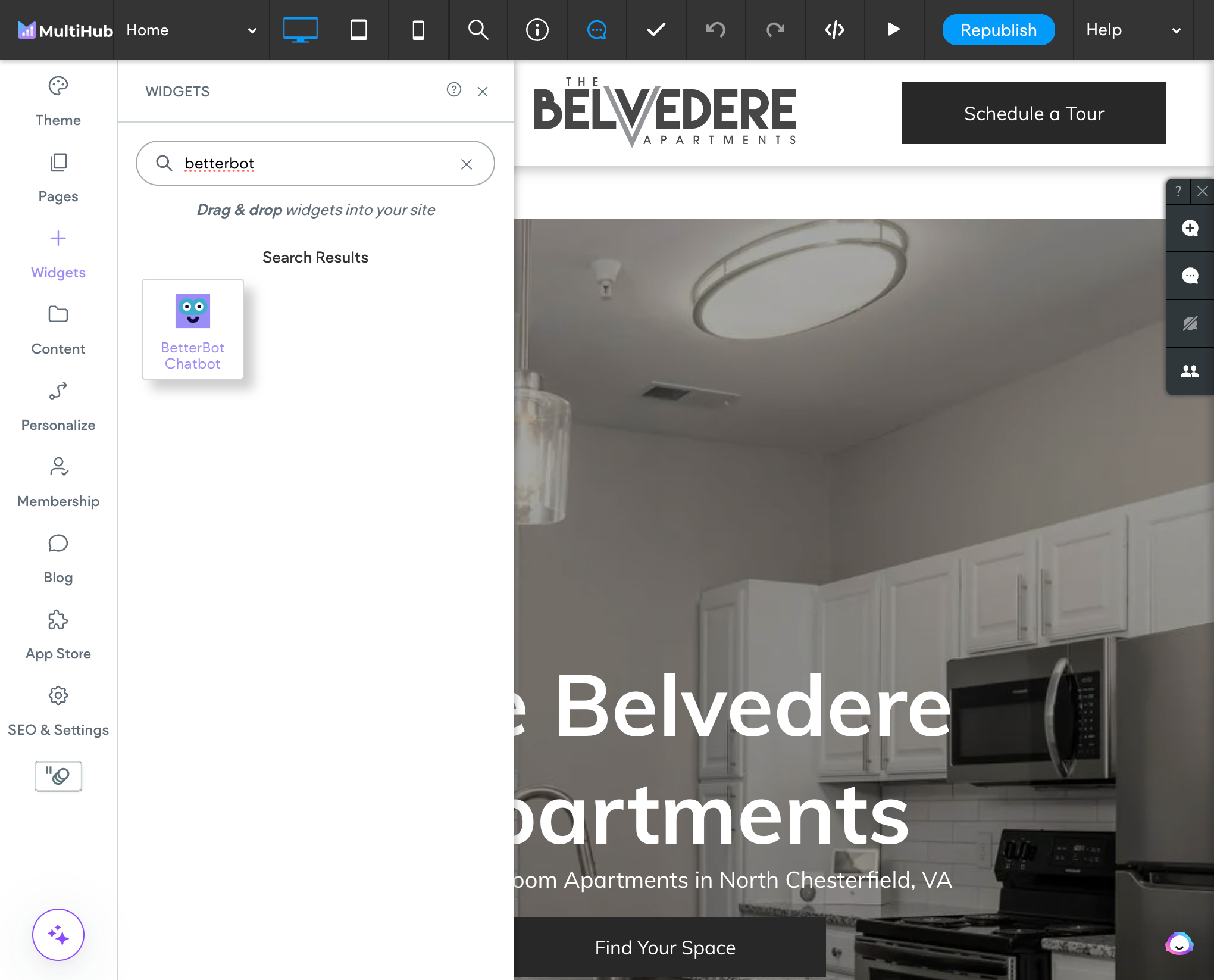 Click on BetterBot Chatbot and drag it into the footer of your site