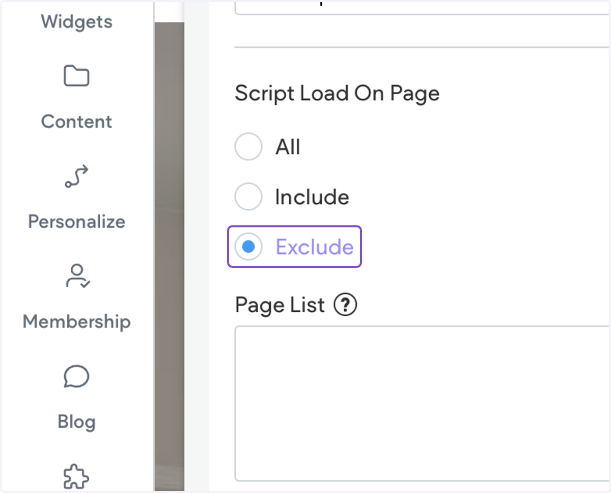 The chatbot will show on all pages by default. If you want to exclude the chatbot on certain pages, select Exclude and list the pages by adding in the page slug (ex: /floor-plans).