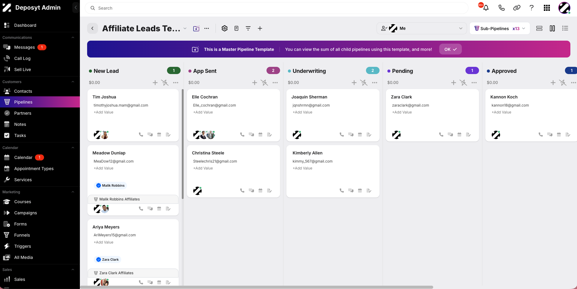 Step 5: The second icon is the Card View. In this view, as the name implies, contact information is displayed as cards within the stages of a pipeline. This view is useful for seeing an overview of all contacts in each stage. Bulk actions cannot be performed in this view.