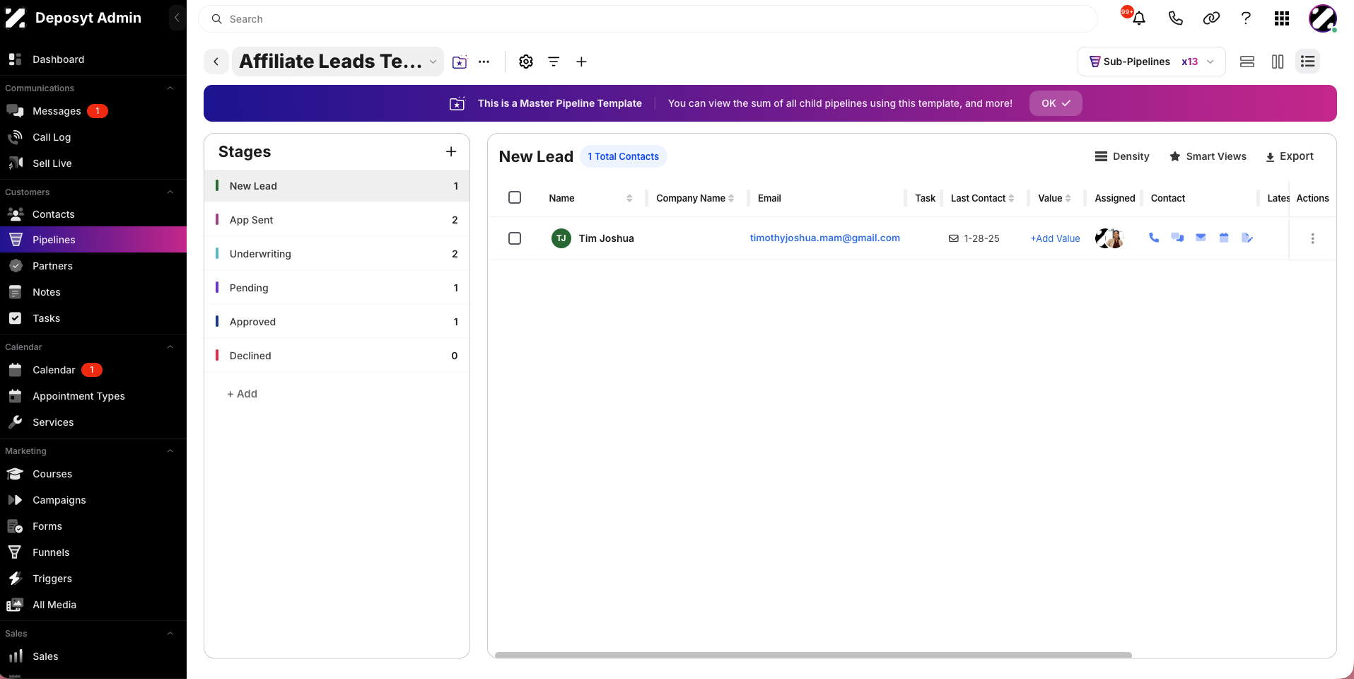 Step 6: The third icon is the List View. In this view, the stages are displayed on the left side, and the contact information is shown in a tabular format. You can perform bulk actions in this view, and it is the only view where you can edit the density or spacing of the rows.