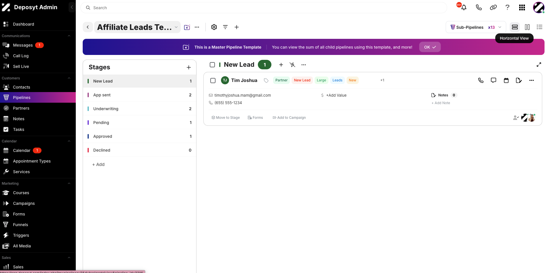Step 4: The first icon is the Horizontal View. As the name implies, the information is displayed horizontally—from the stages on the left to the stage information on the right. You can perform bulk actions in this view.