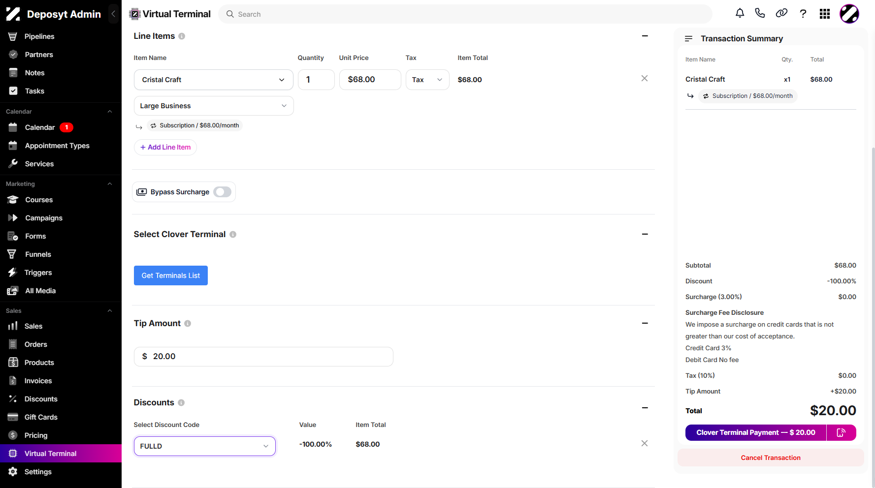 Step 12: Once all is set, proceed by clicking the Clover Terminal Payment button in the transaction summary overview. Once successfully processed, you will be taken to the Transaction Summary page.
