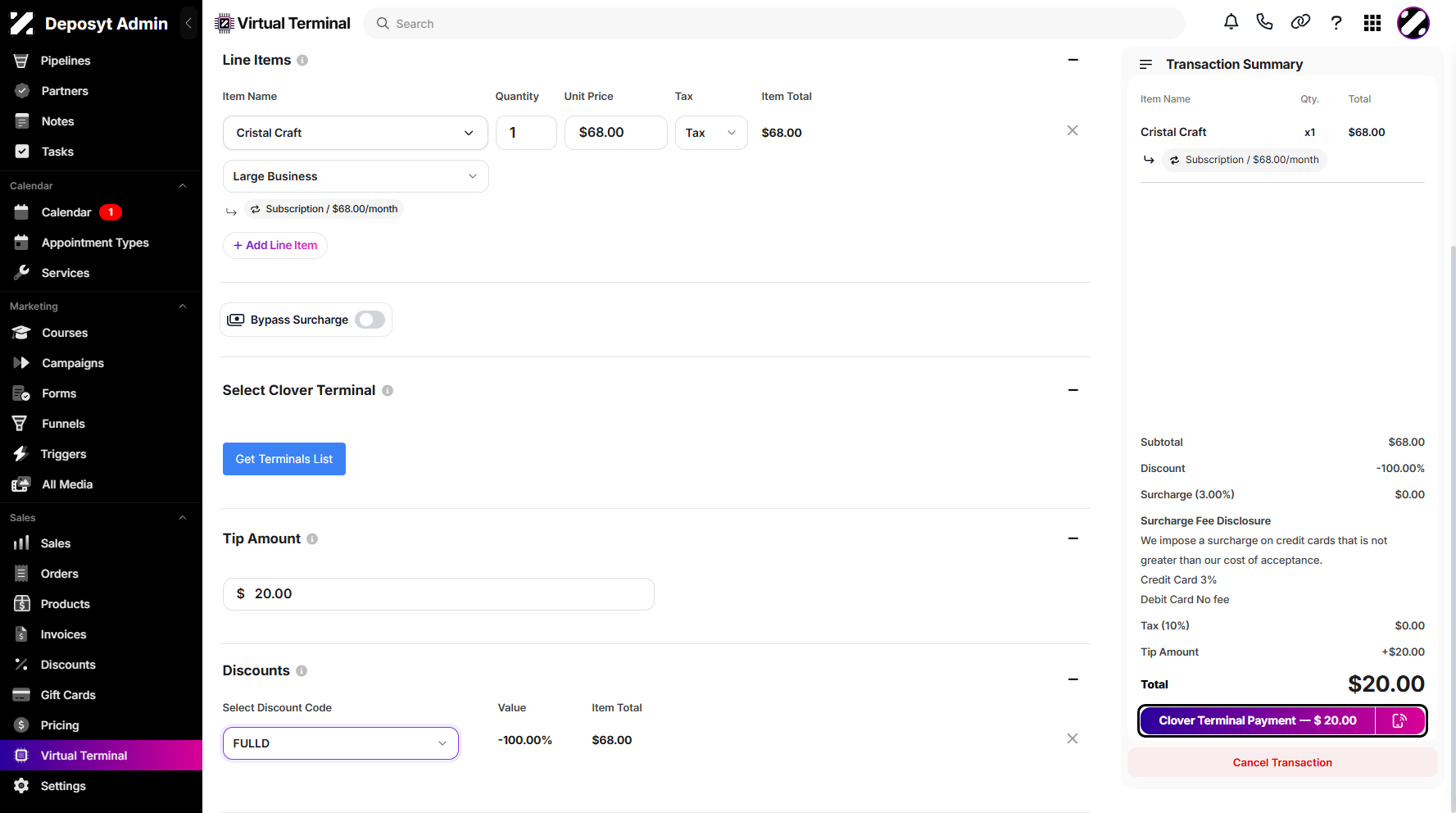 Step 12: Once all is set, proceed by clicking the Clover Terminal Payment button in the transaction summary overview. Once successfully processed, you will be taken to the Transaction Summary page.
