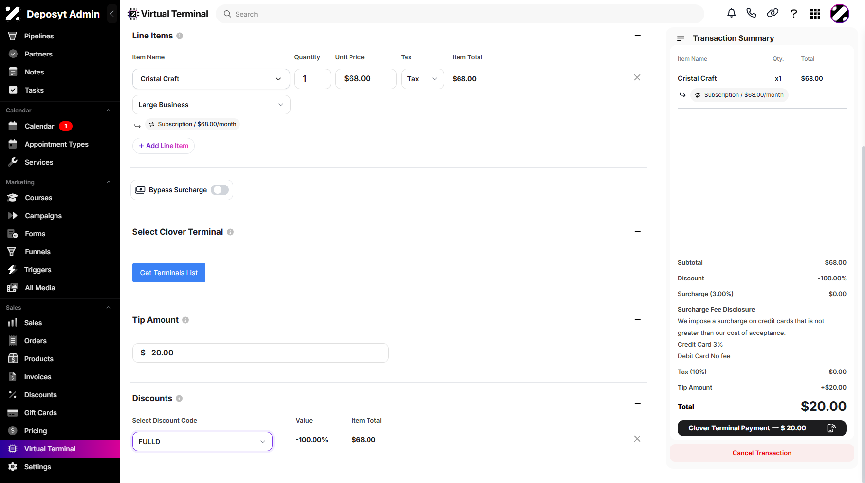 Step 10: You can also manually add a tip and apply a discount using the discount code dropdown menu.