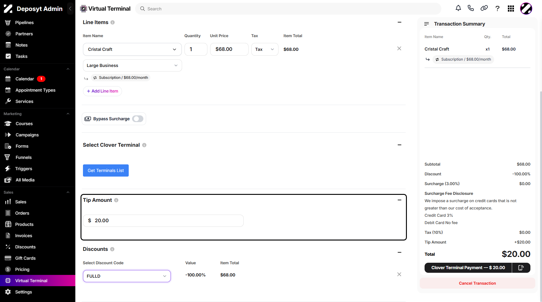 Step 10: You can also manually add a tip and apply a discount using the discount code dropdown menu.