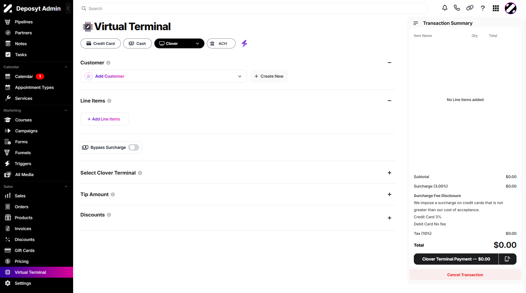 Step 5: You will then be taken to the Virtual Terminal Clover view.