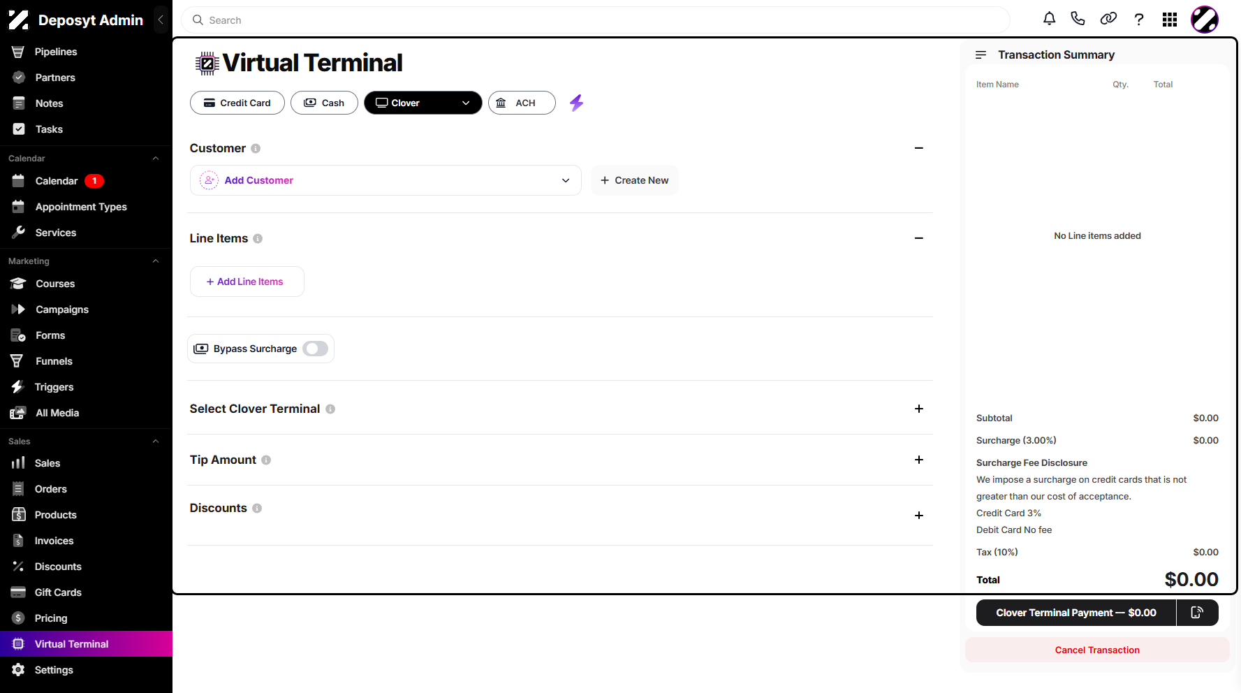 Step 5: You will then be taken to the Virtual Terminal Clover view.