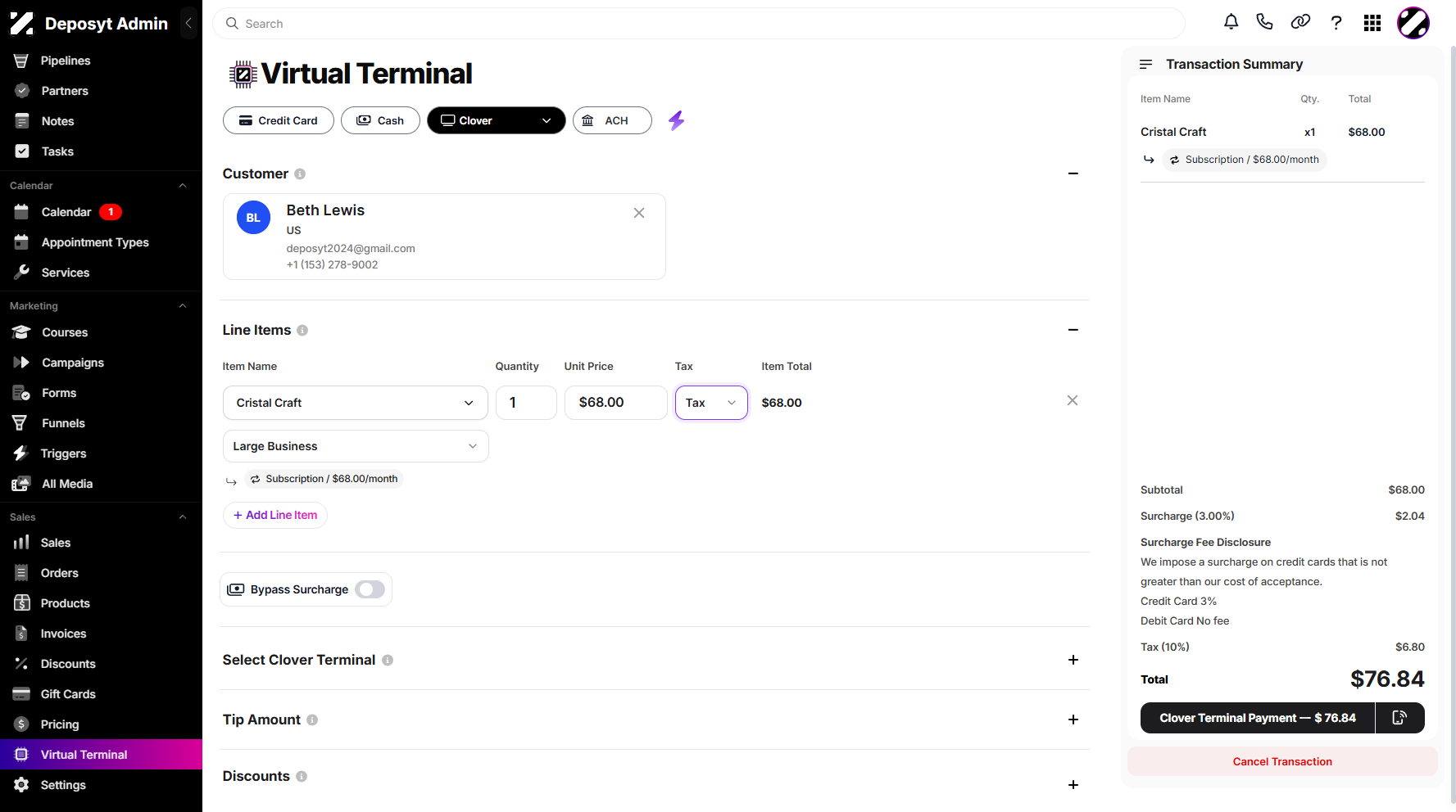 Step 7: Next is the Line Items section, where you can add products by clicking + Add Line Items. A dropdown menu will appear where you can select your product. You can then manage the quantity and tax. You may also click + Add Line Items again to add more products.