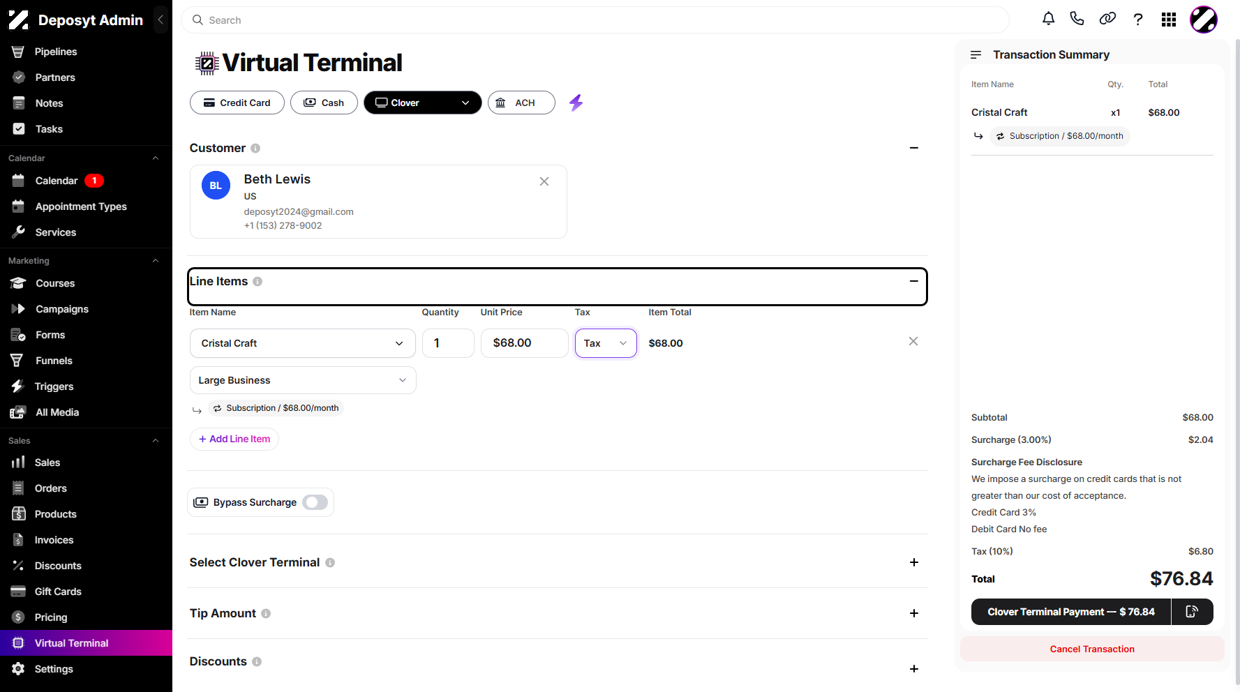 Step 7: Next is the Line Items section, where you can add products by clicking + Add Line Items. A dropdown menu will appear where you can select your product. You can then manage the quantity and tax. You may also click + Add Line Items again to add more products.