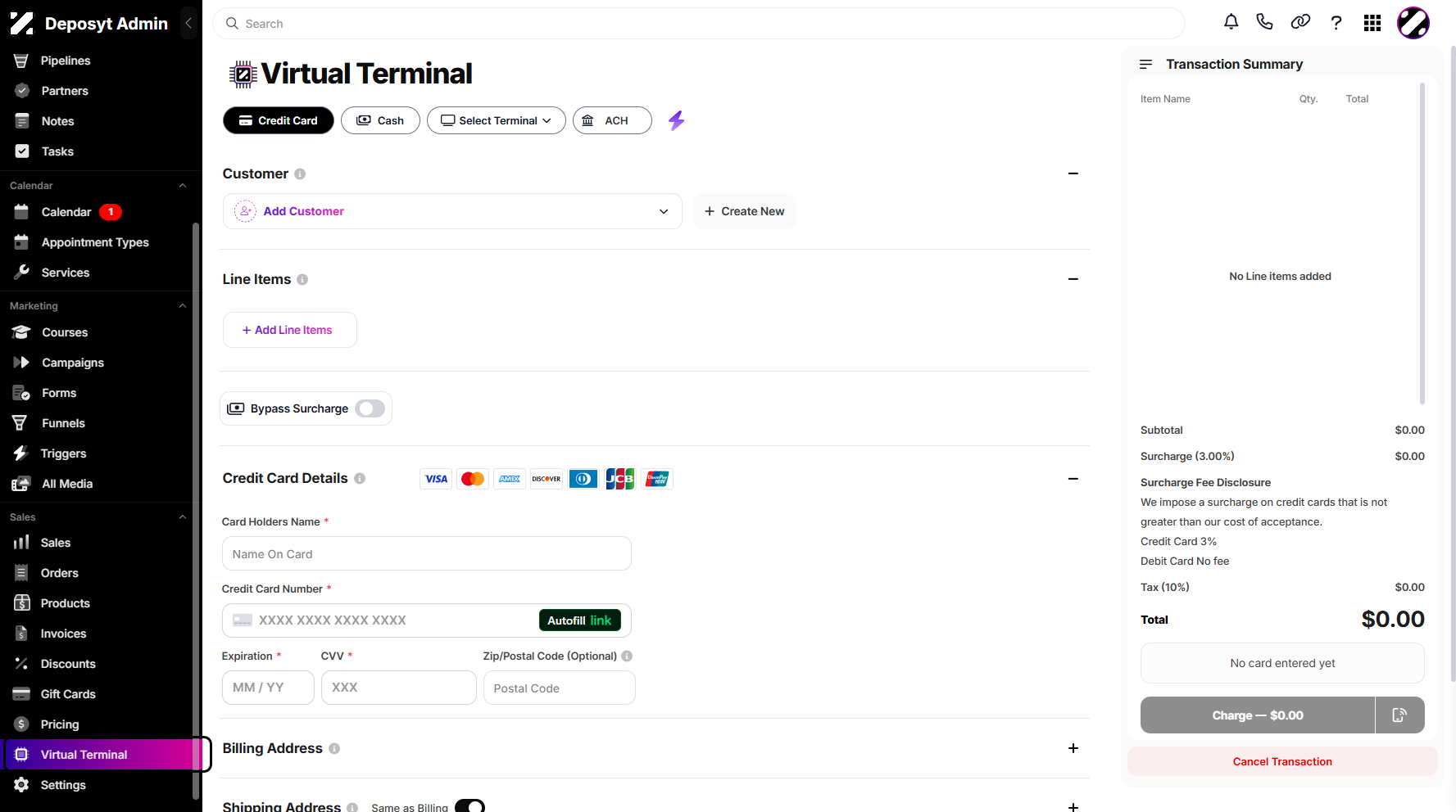 Step 1: On your Dashboard, scroll down to the Sales section and click on Virtual Terminal.