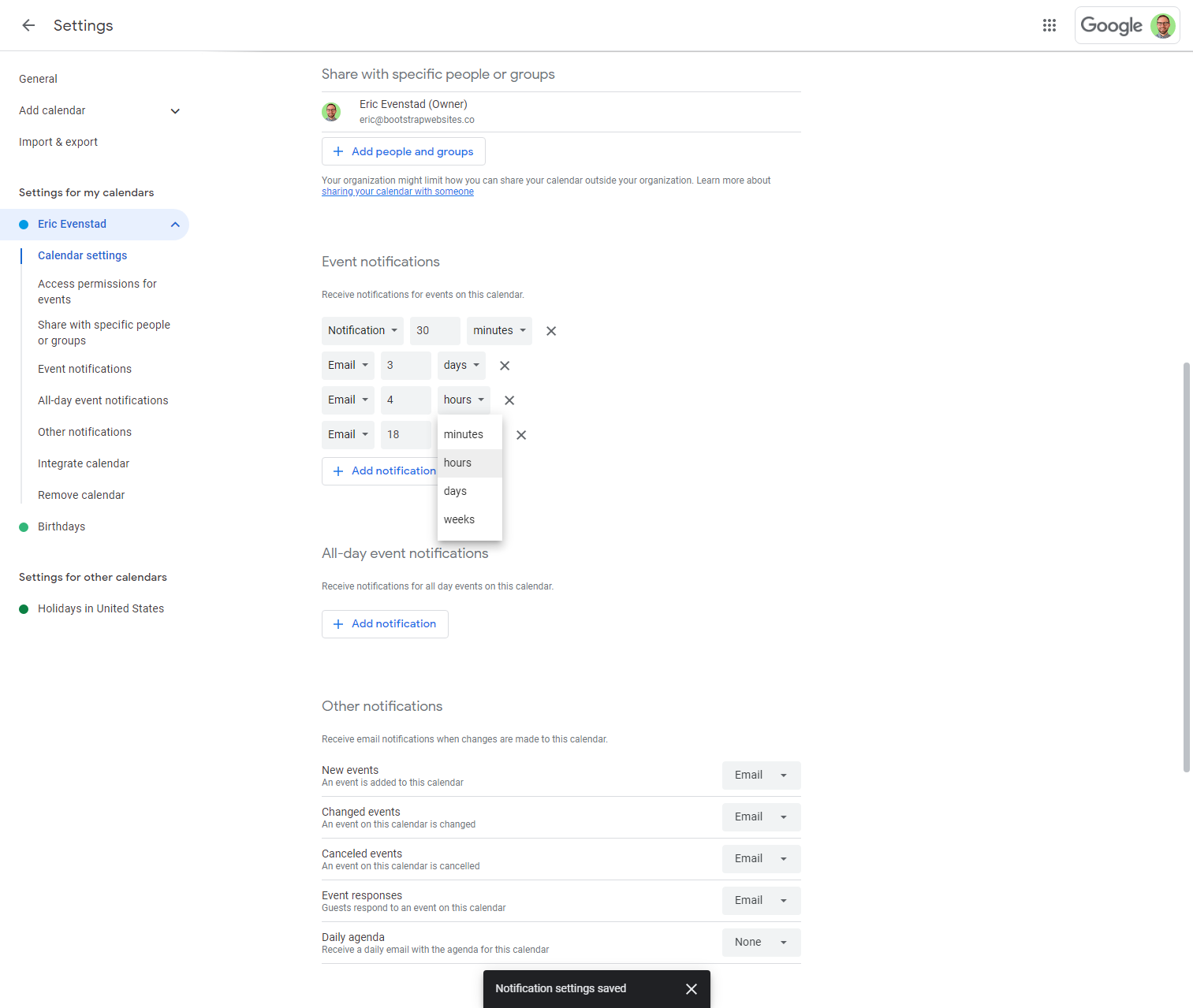 Once you're done, these notification settings will automatically appear on each new calendar event that you create.