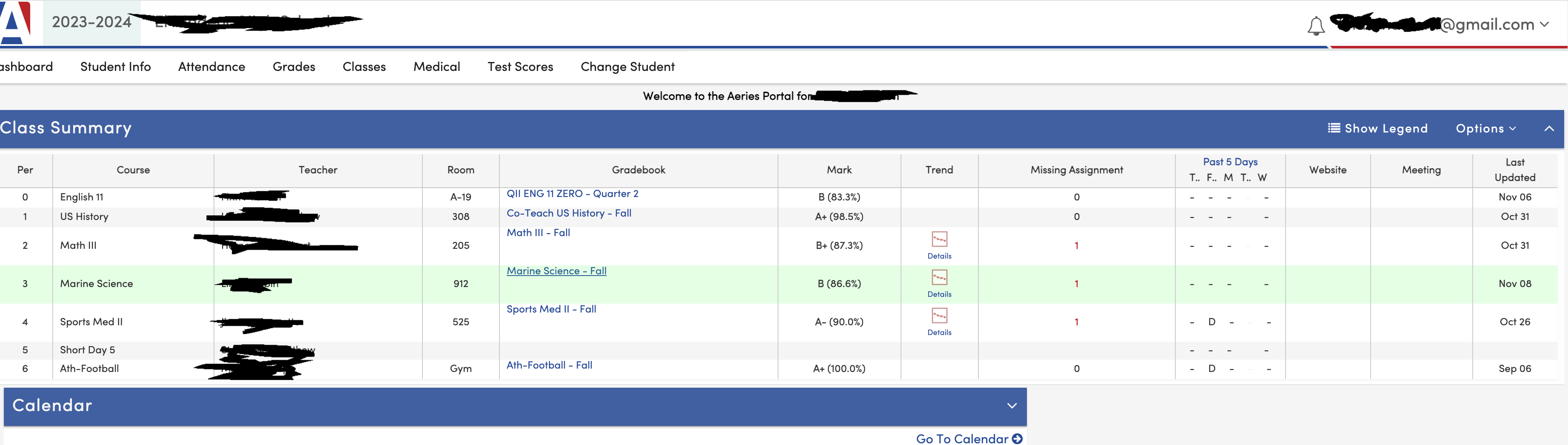 Click on Class to see specific assignments for student