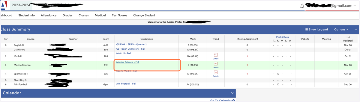Click on Class to see specific assignments for student