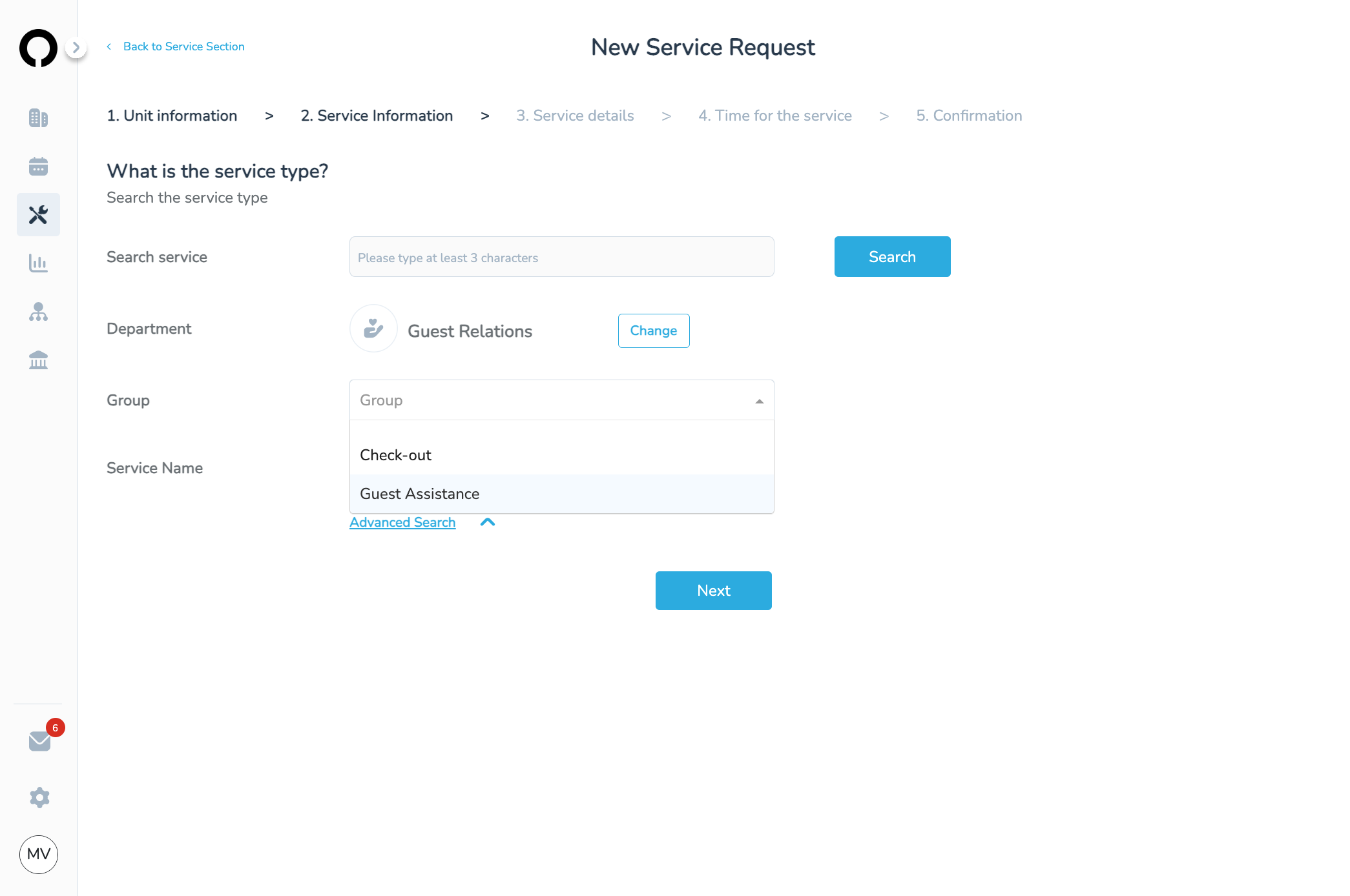 Select the service group you want: Guest Relations / Check-in / Check-out / ...