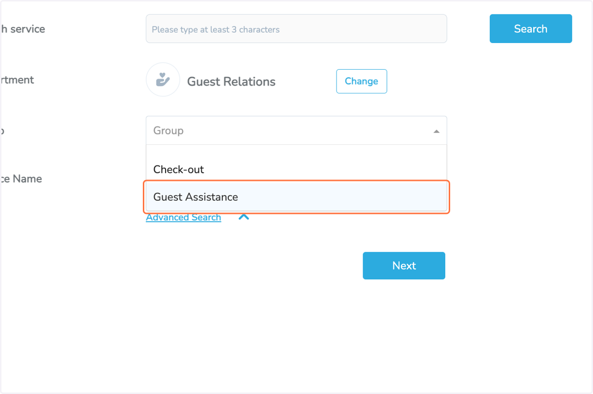 Select the service group you want: Guest Relations / Check-in / Check-out / ...