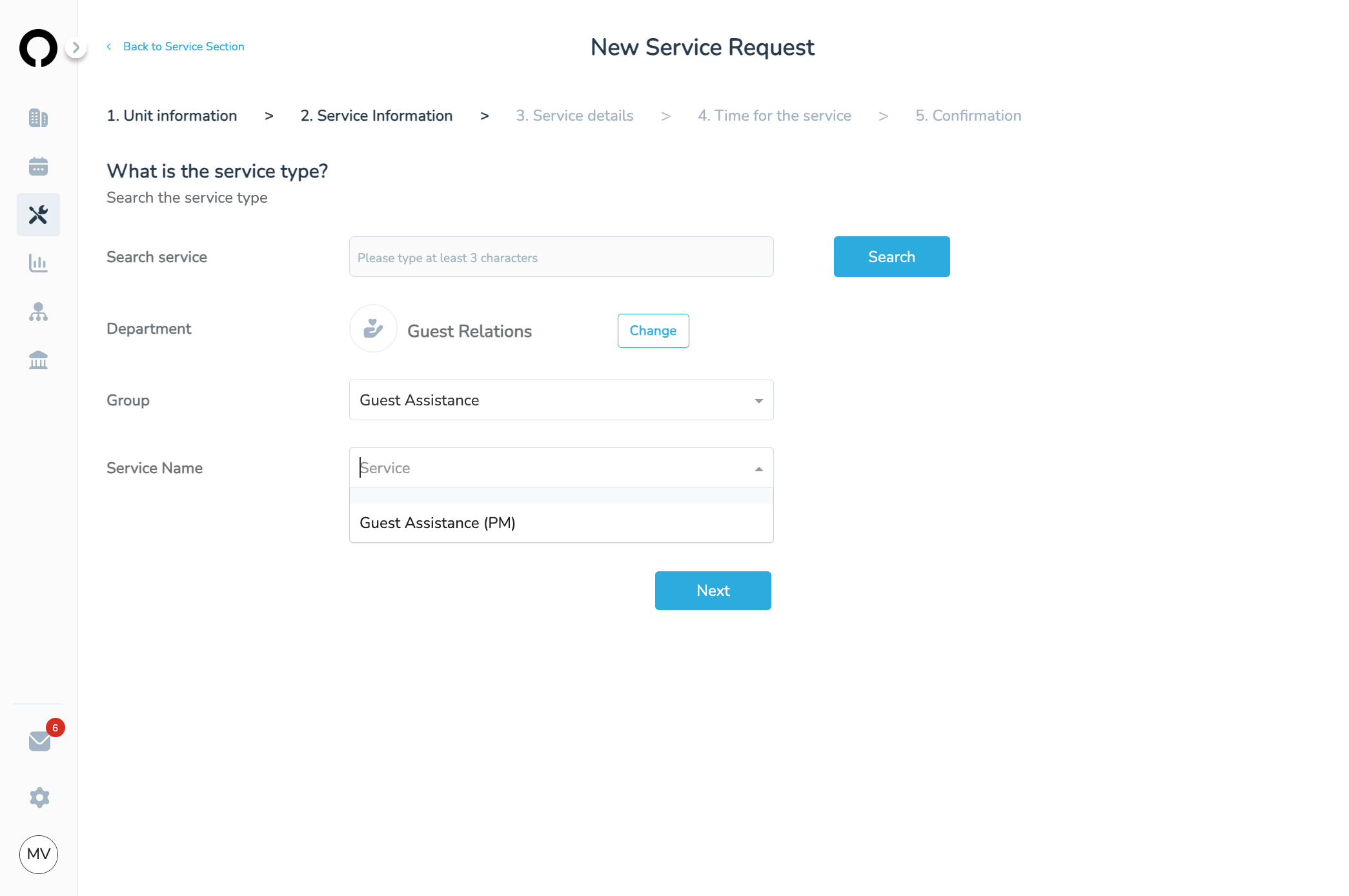 Select the service Type: