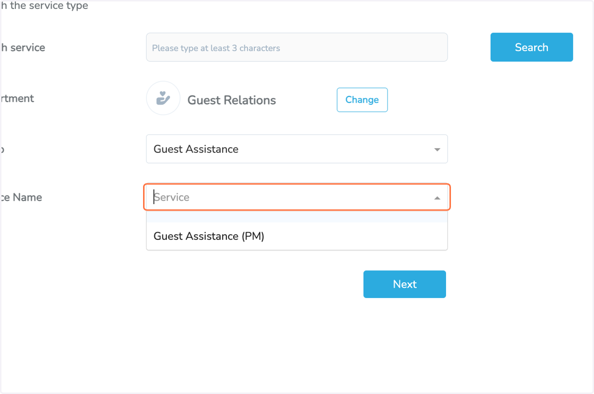 Select the service Type: